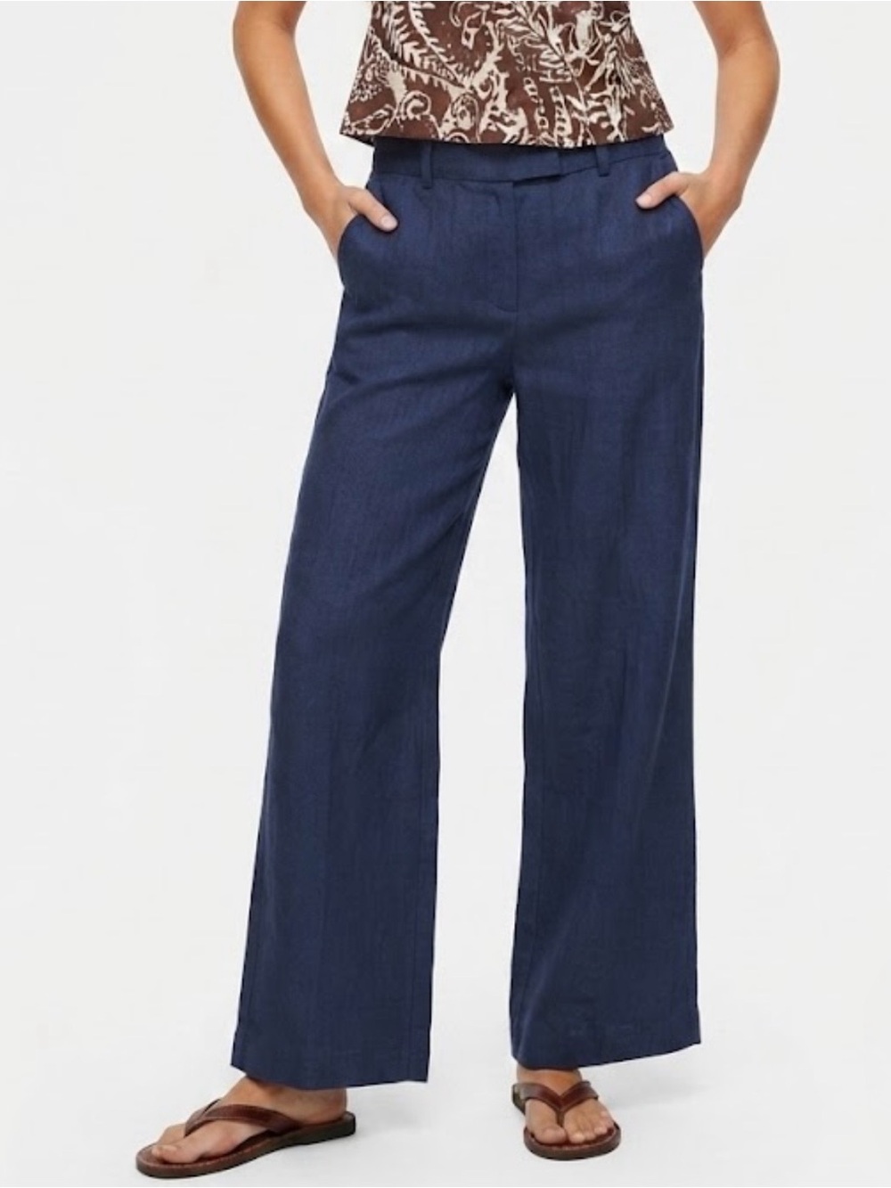 Zara Navy Blue Herringbone Linen Wide Leg Pants S - Picture 10 of 11